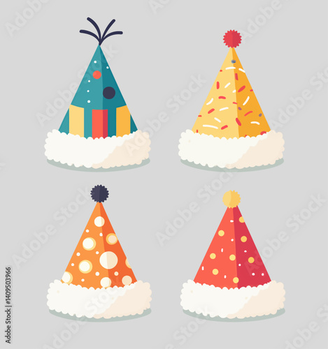 Four colorful party hats with fluffy trim