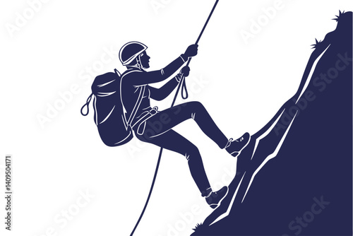 Rock Climber Silhouette Vector – Man Rappelling Down Mountain with Rope, Helmet, and Backpack