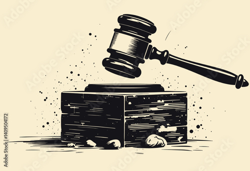 Gavel striking sound block with splatter effect, justice concept