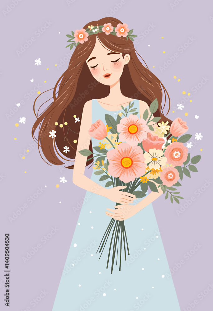 Girl with Brown Hair and Flower Crown Holding Bouquet Girl with Brown Hair and Flower Crown Holding Bouquet