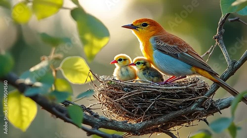 A mother bird caring for her two chicks in a cozy nest surrounded by lush green leaves
