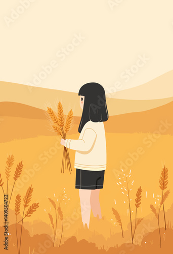 Girl with wheat in golden field illustration