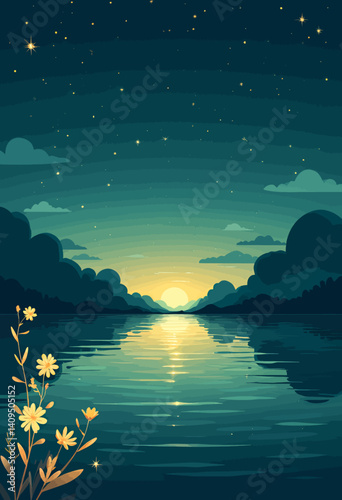 Golden sunset over calm lake with flowers and stars