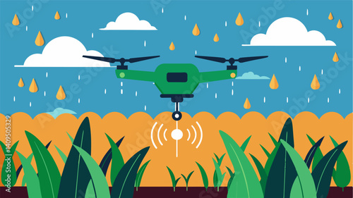In a heavy rainfall situation a smart drone is sent out to survey a farmers cornfield for signs of soil erosion providing valuable information for implementing erosion control. Vector illustration