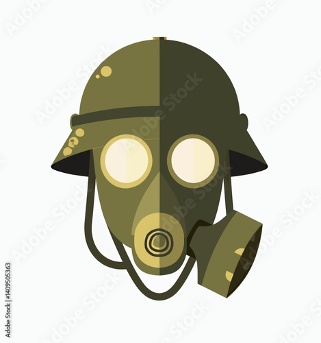 Green gas mask and helmet, flat vector design