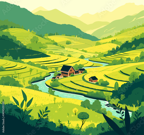 Green Rice Terraces with River and Farmhouses Landscape
