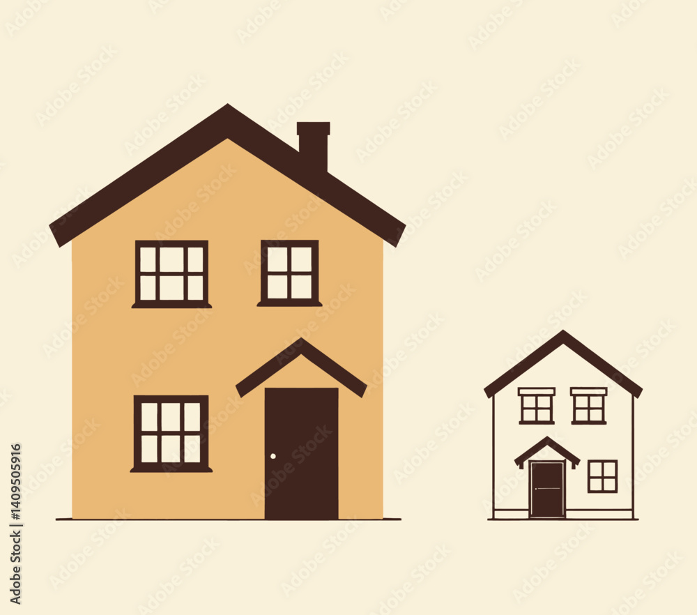 House illustration with color and outline versions House illustration with color and outline versions