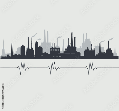 Industrial skyline with heartbeat line below it