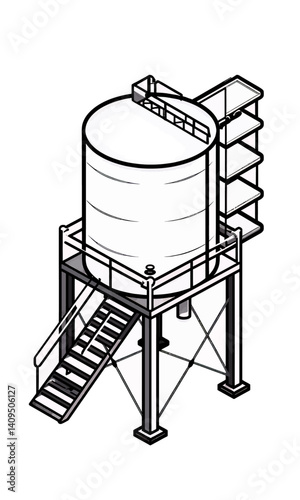 Isometric Water Tank with Ladder and Platform Illustration