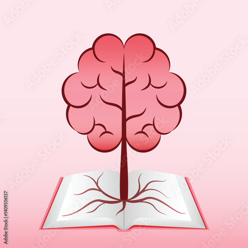 Surreal illustration of a brain-shaped tree growing from an open book, symbolizing learning, creativity, and mental growth. Ideal for education, creativity, or mental health themes.