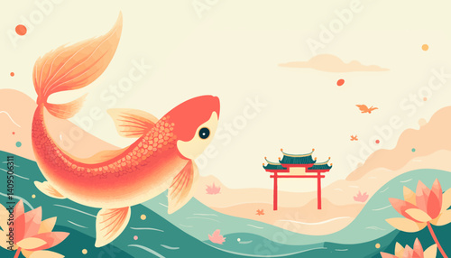 Koi Fish with Lotus Flowers and Chinese Gate Illustration
