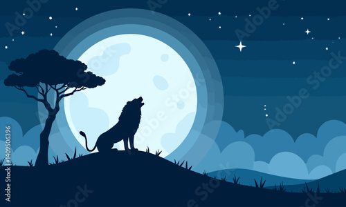 Lion Howling at the Moon Silhouette, Night Scene