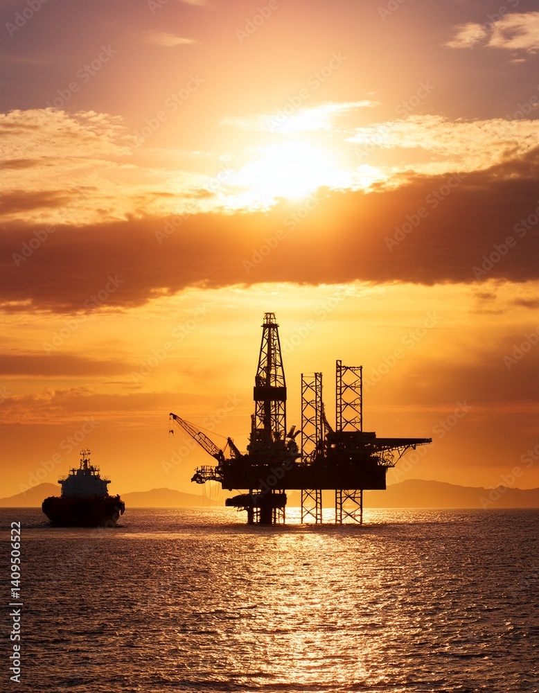 Obraz premium Silhouette of oil rig at sunset with ship nearby.