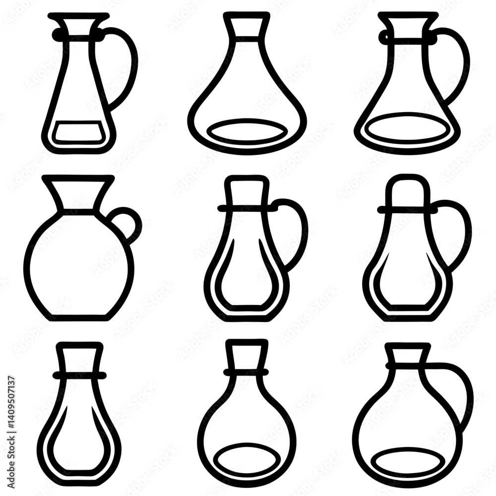 stylized, black-line illustrations of glass oil or vinegar cruets. stylized, black-line illustrations of glass oil or vinegar cruets.
