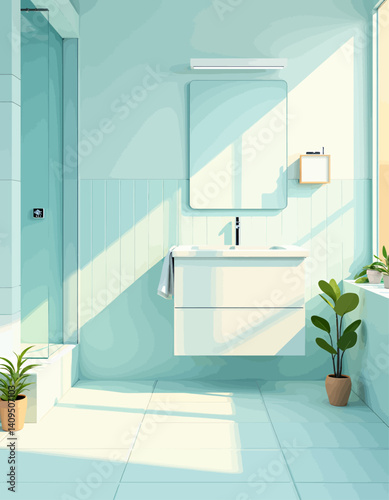 Mint Green Bathroom with Potted Plants and Sunlight