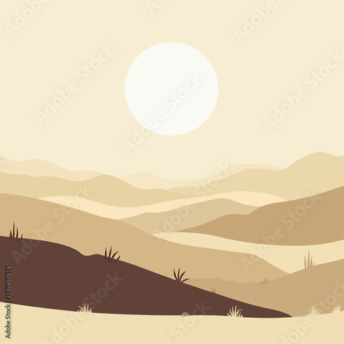 Monochromatic desert landscape with sun and sparse vegetation
