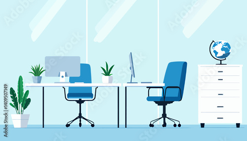 Modern Blue Office Space with Globe and Plants