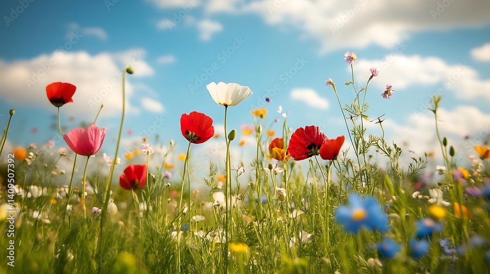 Vibrant Poppies And Wildflowers Blooming Under A Bright Blue Sky In A Lush Green Field