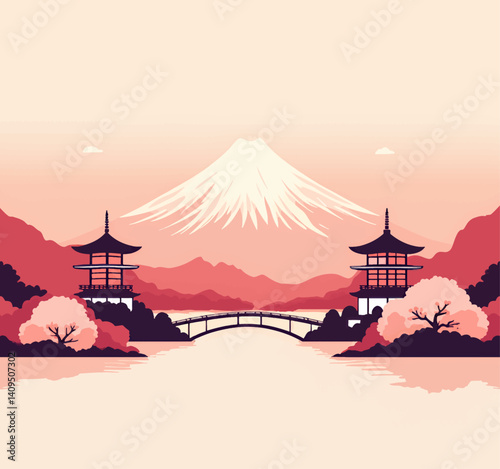 Mount Fuji with Pagodas and Bridge in Pink Tones