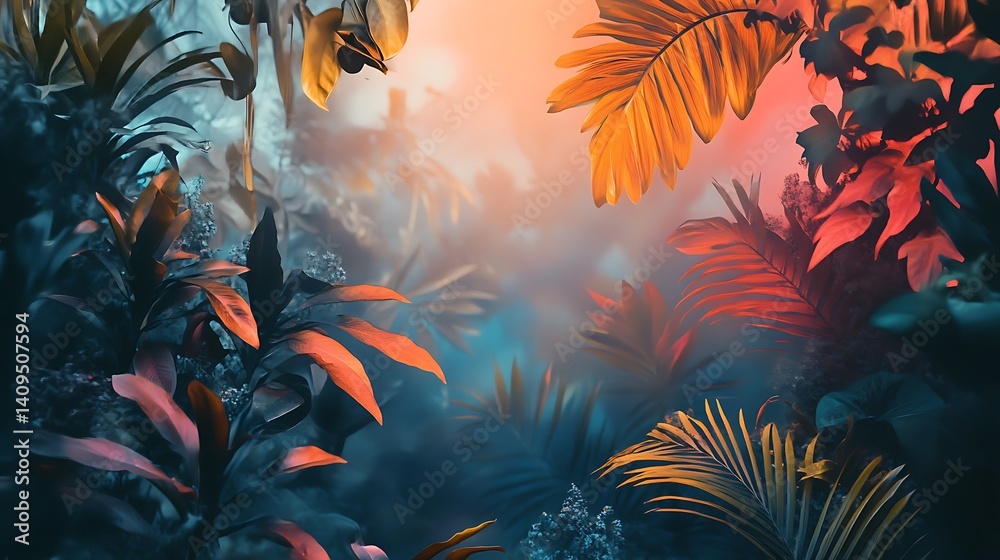 Vibrant Tropical Foliage with Detailed Leaves in Lush Jungle Setting