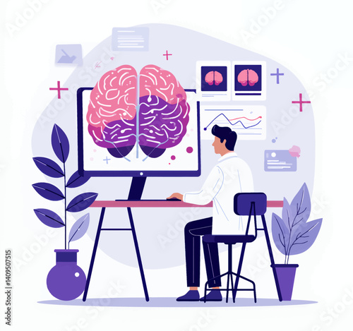 Neurologist studies brain scans on computer screen