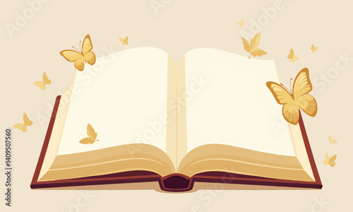 Open Book with Butterflies, Beige Background