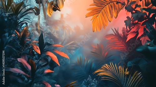 Obraz na płótnie Vibrant Tropical Foliage with Detailed Leaves in Lush Jungle Setting w salonie