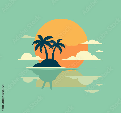 Palm Trees Silhouette Island Sunset Reflection Clouds Teal Background