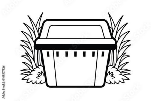 Outline Style Picnic Basket Surrounded By Plants Vector Illustration Suitable For Coloring Books And Print Design Applications