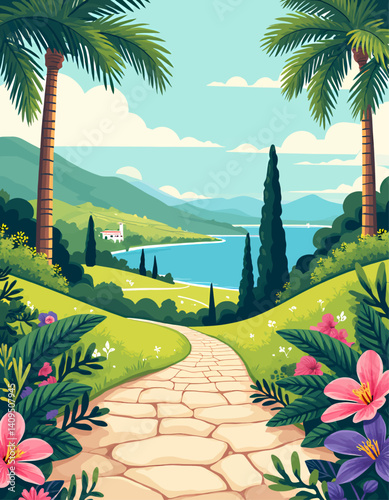 Palm tree path to seaside villa cartoon illustration