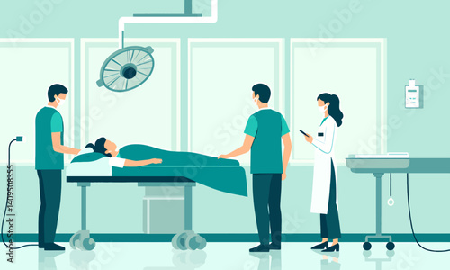 Patient on operating table with masked medical staff in teal room