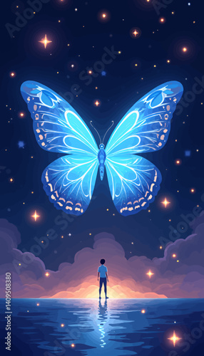 Person Gazing at Giant Glowing Blue Butterfly in Starry Sky