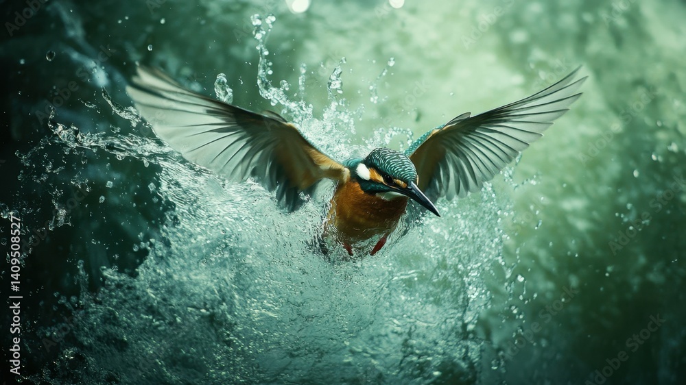 Obraz premium Kingfisher diving into water, wings spread, splashes create a vibrant motion blur.