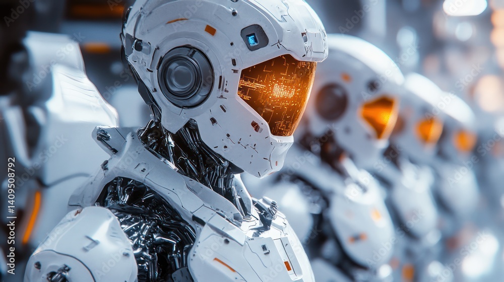 Fototapeta premium Line of futuristic robotic soldiers, advanced armor designs, technological marvels