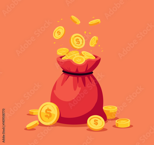 Red bag overflowing with gold dollar coins
