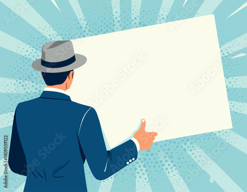 Retro Man in Suit Holding Blank Sign with Thumbs Up