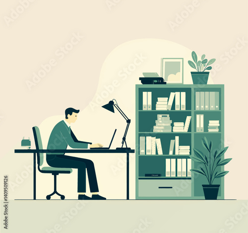Remote worker at desk with laptop and full bookshelf
