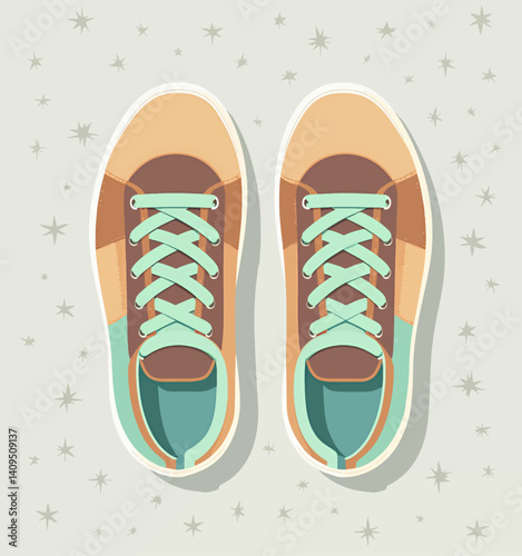 Retro sneakers with teal laces on star background