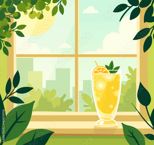 Refreshing orange drink by the window with city view