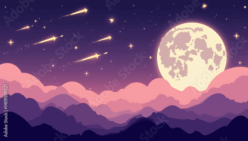 Shooting Stars Over Mountain Range with Full Moon Cartoonscape