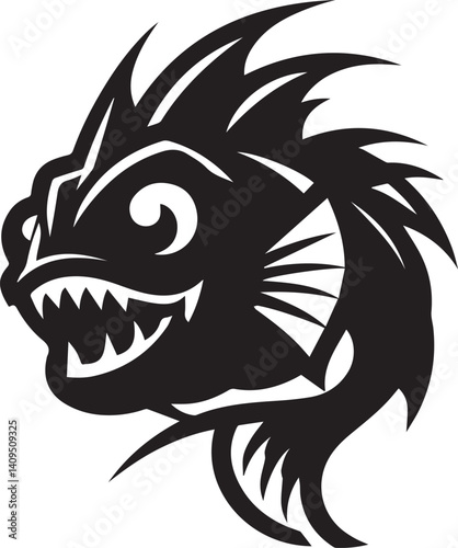 Piranha Illustration: A striking monochrome illustration of a ferocious piranha, a symbol of underwater danger, showcasing its sharp teeth and aggressive stance.