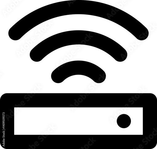 Bold black icon depicting a wifi router emitting wireless signals.  Perfect for websites, apps, or presentations needing a clean, modern tech symbol.