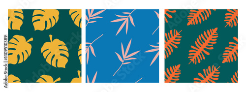 Wallpaper Mural Bold Tropical Leaf Seamless Pattern set. Set of three vibrant tropical leaf patterns with bold colors and striking designs, featuring monstera and palm leaves in contrasting backgrounds Torontodigital.ca
