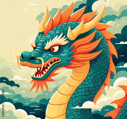 Stylized teal and orange Chinese dragon illustration