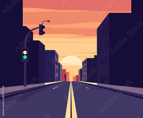 Sunset city street with green traffic light and lone figure