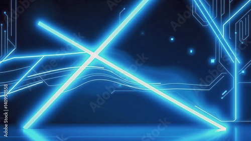 futuristic themed background with glowing blue neon lines on a dark black background. Light effects and geometric shapes give the impression of advanced technology and a modern digital world.