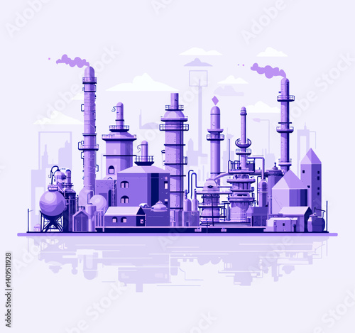 Violet industrial factory with smoke stacks illustration