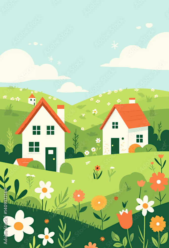 Fototapeta premium Whimsical Houses in a Green Floral Meadow Landscape