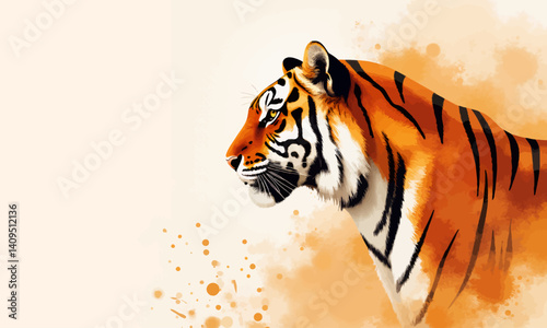 Watercolor Tiger Profile on Beige Background