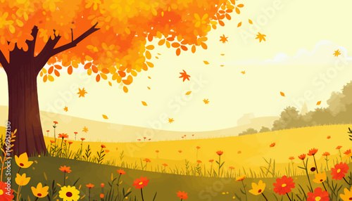 Whimsical Autumn Landscape with Falling Leaves and Flowers
